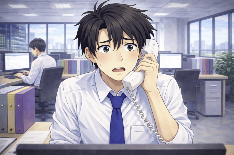 日中のオフィスで電話の受話器を握り、額や頬に汗をにじませながら強い緊張の表情で話す若い社員を描いたアニメ風イラスト。