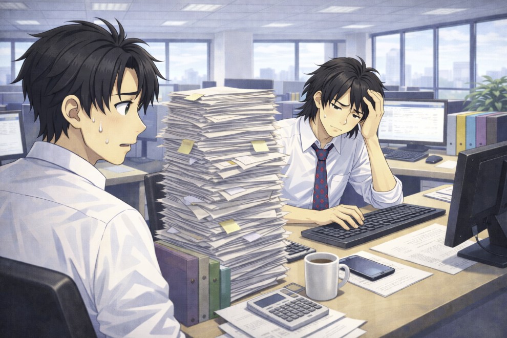 日中のオフィスで、隣の席の長髪の先輩の机に大量の書類が積み上がっているのを見て、若い社員が不安そうな表情で眺めているアニメ風イラスト。