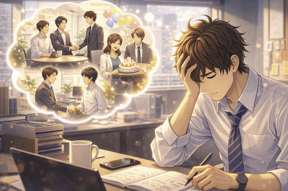 オフィスで腕を組みながら今の会社の良い点を考える20代男性を描いたアニメ風イラスト。転職を迷いながら現職のメリットも見直し、葛藤している心境を表現している。