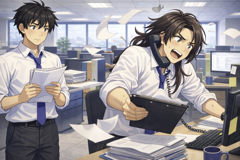 机で電話対応や書類処理に追われて慌てている先輩の横で、書類を手にした若い社員が声をかけることができず戸惑って立っている日中のオフィスのアニメ風イラスト。