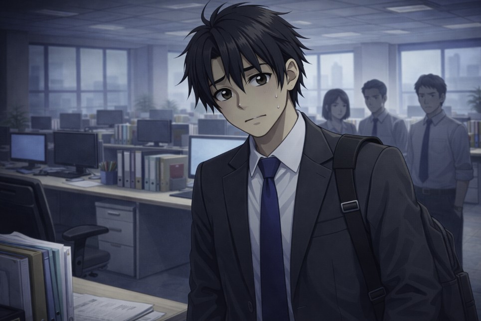 初めて会社の空気を重いと感じたスーツ姿のイラスト風の男性