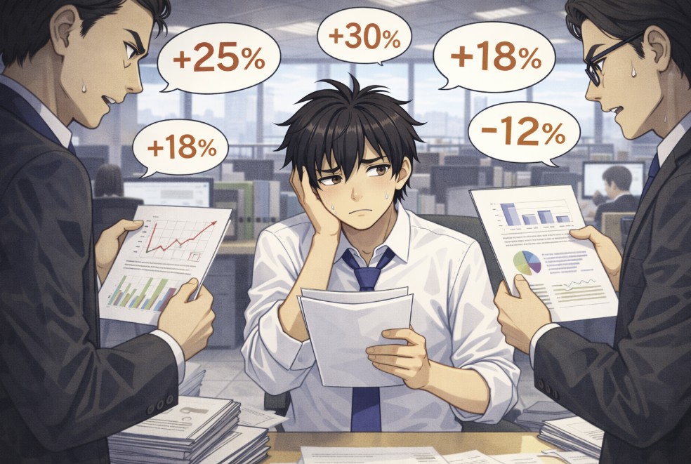 グラフや資料を手にした先輩たちが次々と数字の話をする中で、書類を持った若い社員が戸惑い気味に座っている日中のオフィスのアニメ風イラスト。
