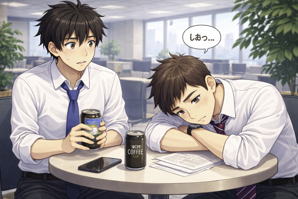 休憩スペースのテーブルで、柄物のネクタイをした短髪の同期がぐったりと机に伏し、隣で若い社員が心配そうに見ている日中のオフィスのアニメ風イラスト。