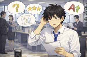 資料を手に頭をかきながら困惑している若い社員の周りに、疑問符や星、成績評価を表す記号が思考のように浮かび、会社の評価基準が分からず悩んでいる様子を描いた日中のオフィスのアニメ風イラスト。