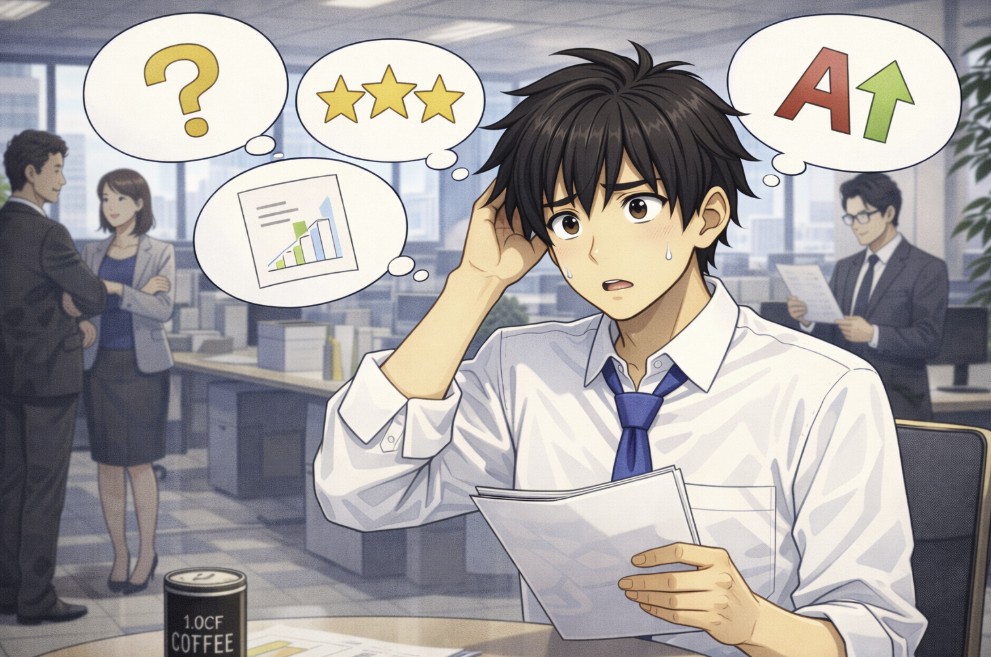 資料を手に頭をかきながら困惑している若い社員の周りに、疑問符や星、成績評価を表す記号が思考のように浮かび、会社の評価基準が分からず悩んでいる様子を描いた日中のオフィスのアニメ風イラスト。