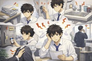 書類を手に悩む若い社員の周りに、職場で感じたさまざまな小さな違和感の場面が思い出のように複数描かれ、少しずつ疲れがたまっていく様子を表現したアニメ風イラスト。