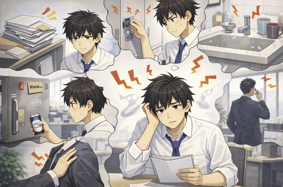 書類を手に悩む若い社員の周りに、職場で感じたさまざまな小さな違和感の場面が思い出のように複数描かれ、少しずつ疲れがたまっていく様子を表現したアニメ風イラスト。