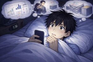 夜の部屋で布団に入りながらスマートフォンを手に不安そうな表情を浮かべる若い男性の周りに、仕事の資料や上司の姿が思い浮かんでいる様子を描いたアニメ風イラスト。