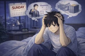 夜の部屋でベッドに座り、頭を抱えて不安そうな表情を浮かべる若い男性の周りに、上司や仕事の資料を思い浮かべている様子を描いたアニメ風イラスト。