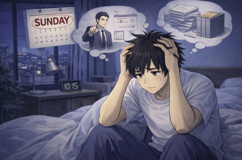 夜の部屋でベッドに座り、頭を抱えて不安そうな表情を浮かべる若い男性の周りに、上司や仕事の資料を思い浮かべている様子を描いたアニメ風イラスト。