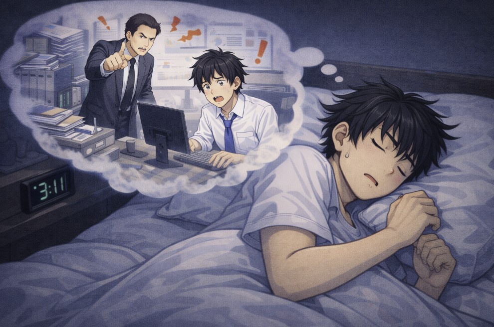 布団の中で眠っている若い男性の頭上に、上司に指摘されながら仕事をしている場面が夢のように浮かび、仕事の不安が寝ている間も続いている様子を描いた夜のアニメ風イラスト。