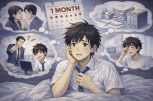 ベッドの中で不安そうな表情を浮かべる若い男性の周りに、上司とのやり取りや仕事量、朝のだるさなど、この1ヶ月で感じた出来事が思い出のように浮かんでいる様子を描いたアニメ風イラスト。