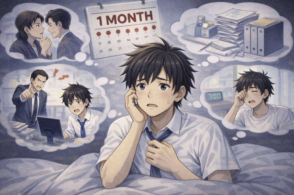 ベッドの中で不安そうな表情を浮かべる若い男性の周りに、上司とのやり取りや仕事量、朝のだるさなど、この1ヶ月で感じた出来事が思い出のように浮かんでいる様子を描いたアニメ風イラスト。