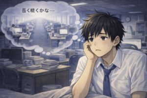 夜のオフィスで机に肘をつきながら考え込む若い社員の頭上に、同じような仕事が続いていく未来を想像する思考のイメージが浮かび、不安を感じ始めている様子を描いたアニメ風イラスト。