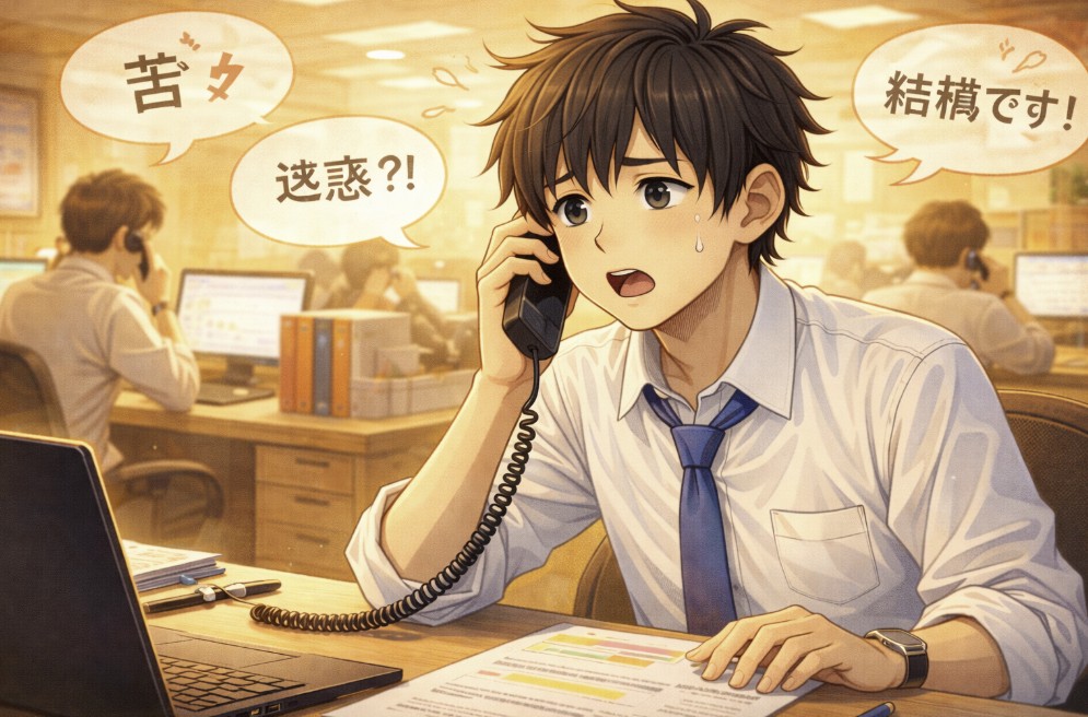 暖色系のオフィスで受話器を手に電話営業をしている若い社員が、汗をにじませながら不安そうな表情で話している様子を描いたアニメ風イラスト。