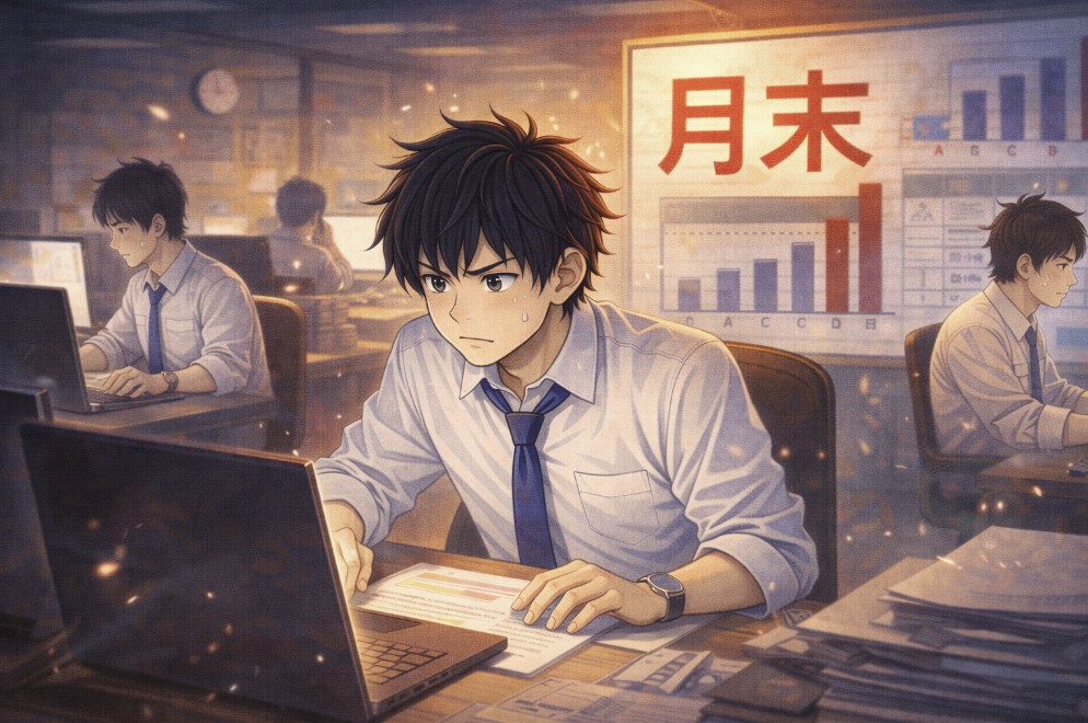 「月末」と書かれた成績グラフが表示されたオフィスで、社員たちがいつもより真剣な表情でパソコン作業に集中し、緊張感のある雰囲気に変わった様子を描いたアニメ風イラスト。
