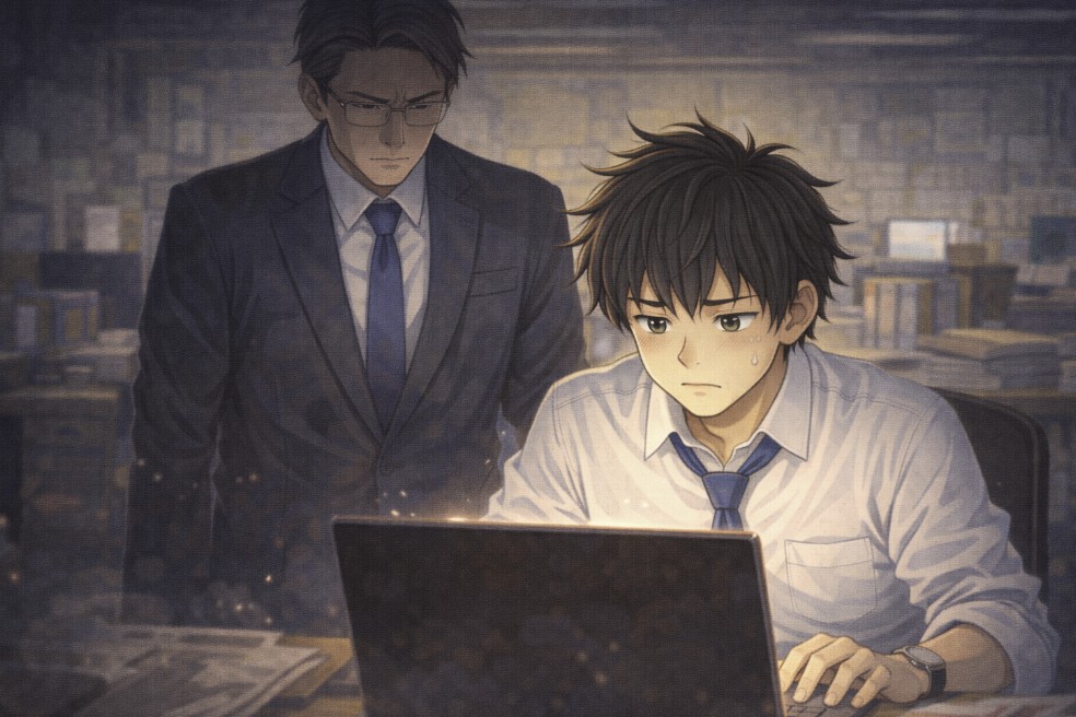 パソコンに向かって作業する若い社員の後ろに、無言で立つ上司が厳しい表情で画面を見つめており、静かな緊張感が漂うオフィスの様子を描いたアニメ風イラスト。