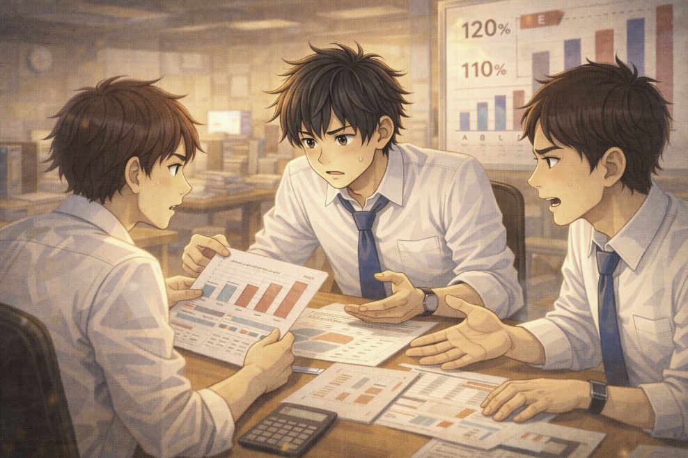 オフィスで、グラフや資料を机に広げながら複数の社員が真剣な表情で数字について話し合っている様子を描いたアニメ風イラスト。