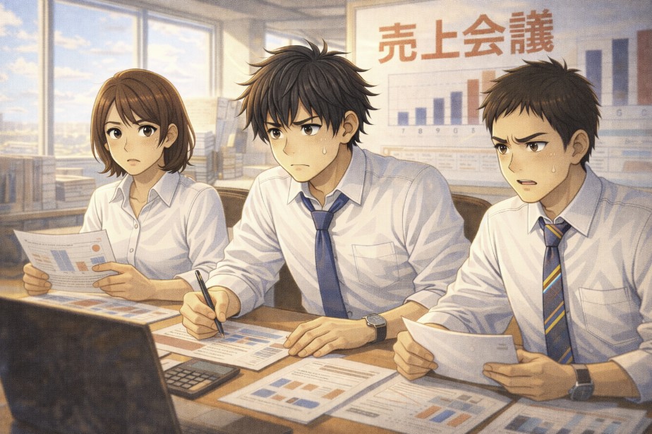 日中の会議室で売上資料を前に、中央の若い社員が緊張した表情でメモを取り、隣には30代の女性社員と柄物のネクタイをした短髪の男性社員が真剣な顔で資料を見ているアニメ風イラスト。