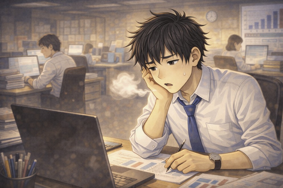 オフィスで自分の席に戻った若い社員が、パソコンの前で頬に手をつきながら深いため息をつき、周囲では同僚たちが黙々と仕事を続けている様子を描いたアニメ風イラスト。