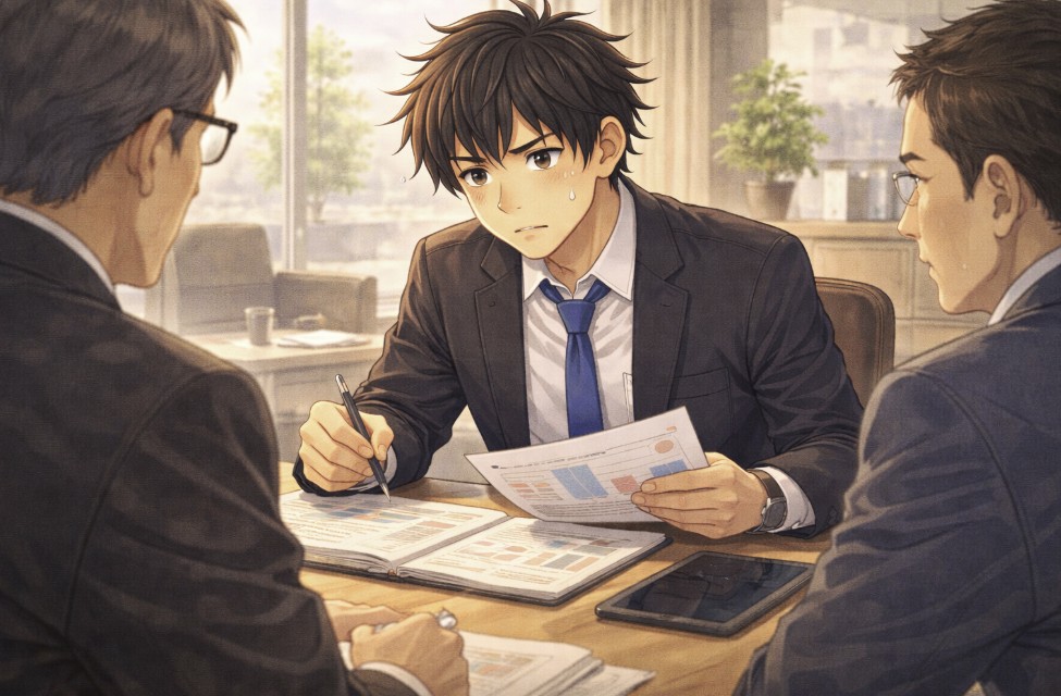 営業先の会議室で、若い営業担当が資料を手にしながら緊張した表情で説明を行い、向かい側に座る取引先の担当者たちが真剣に話を聞いている日中のアニメ風イラスト。
