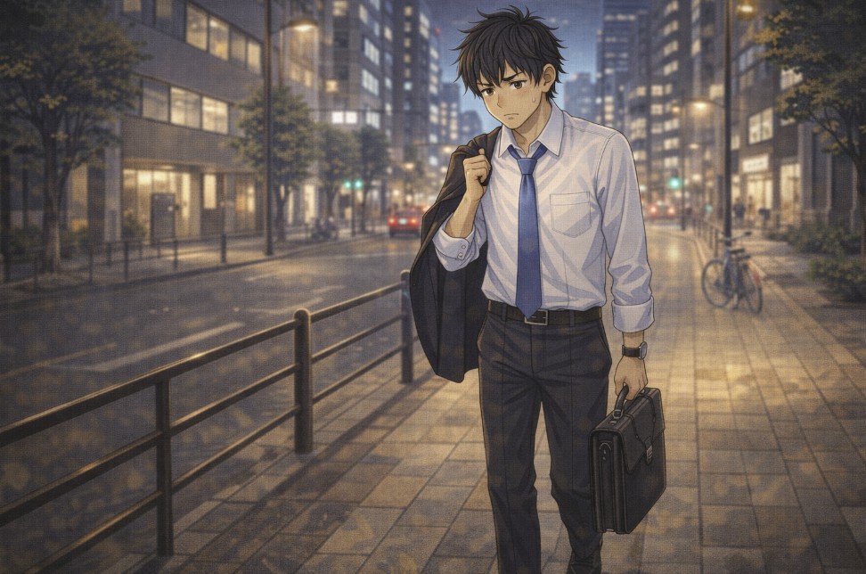 夜の街を背景に、スーツ姿の若い男性が全身で描かれ、カバンを持って疲れた表情のまま静かに歩いて帰る様子を表現したアニメ風イラスト。
