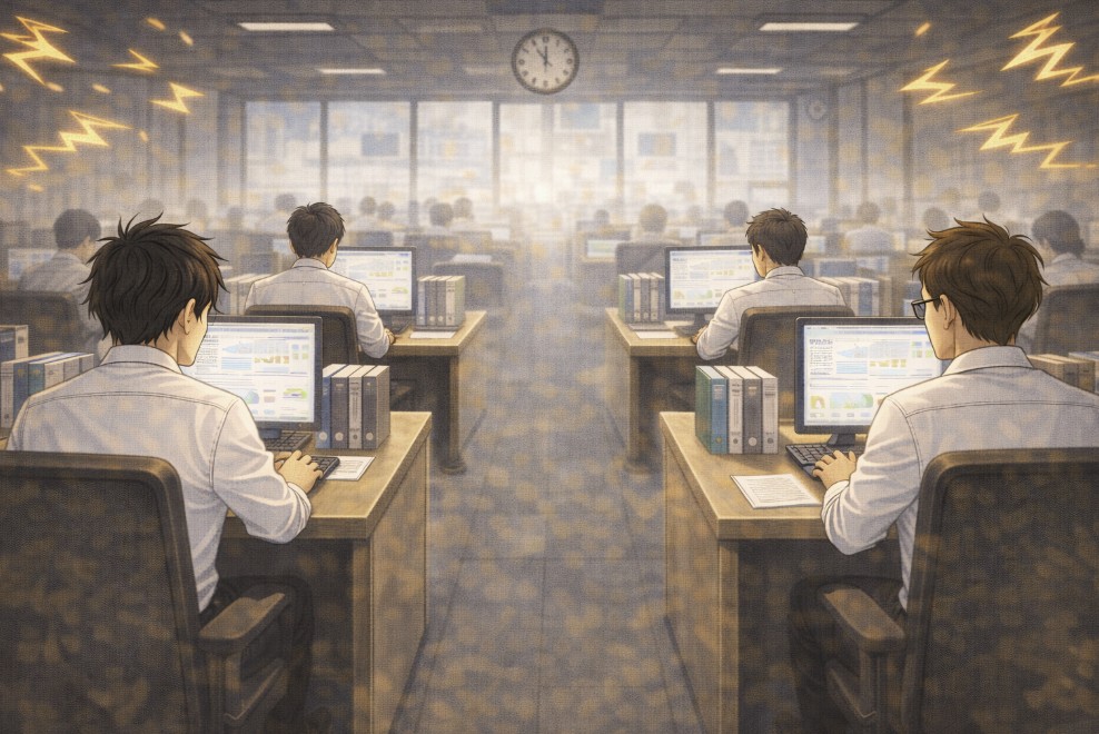 定時前のオフィスで、机を同じ方向に向けて座る少人数の社員たちが背中越しにパソコン作業へ集中し、静かな緊張感が漂っている様子を描いたアニメ風イラスト。