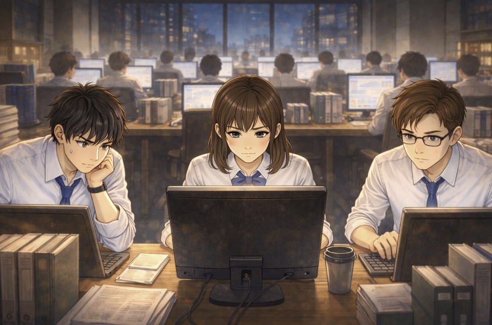 夕方のオフィスで、中央に女性社員、その左右に男性社員が並び、全員が静かにパソコン画面を見つめながら作業に集中している様子を描いたアニメ風イラスト。