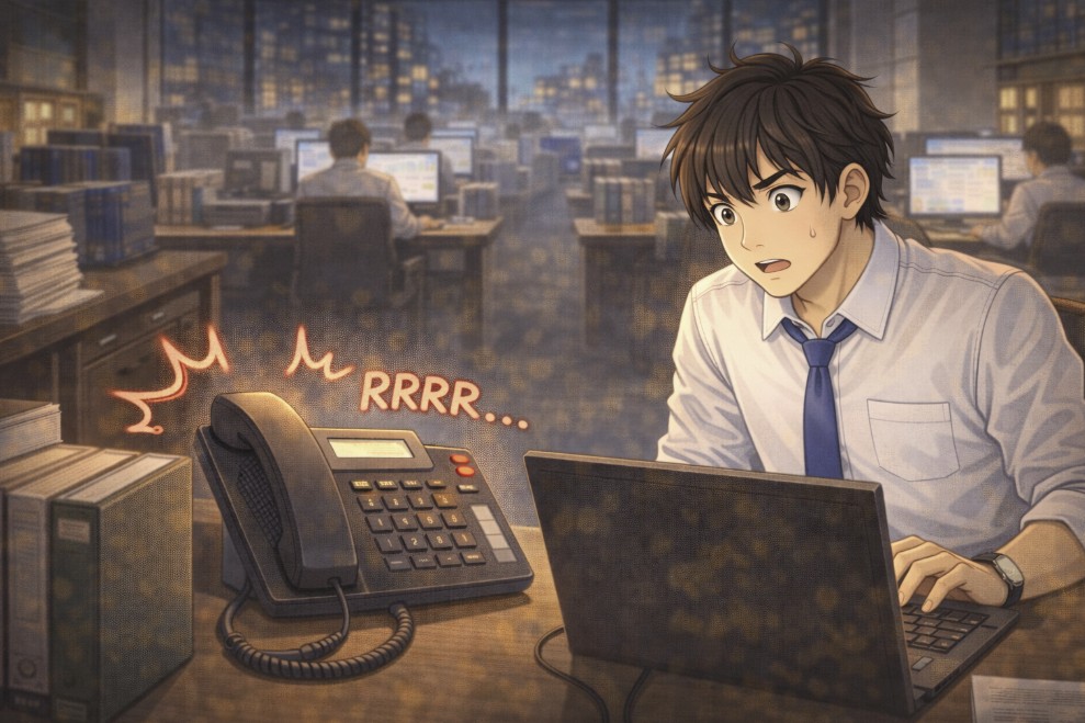 夕方のオフィスで、机の上の電話が鳴り出し、汗をにじませながら驚いた表情でパソコン越しに受話器を見つめる若い社員ひとりの様子を描いたアニメ風イラスト。
