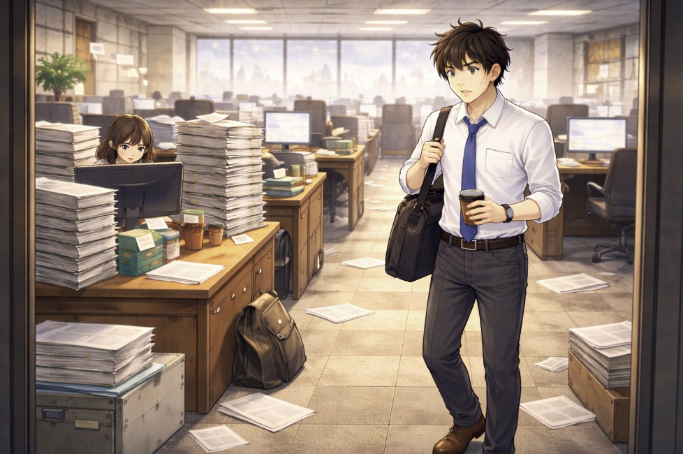 出社直後のオフィス入口に立つ若い社員が全身で描かれ、コーヒーとカバンを持ちながら、散らかった書類が残る静かな職場の様子を不安そうに眺めているアニメ風イラスト。