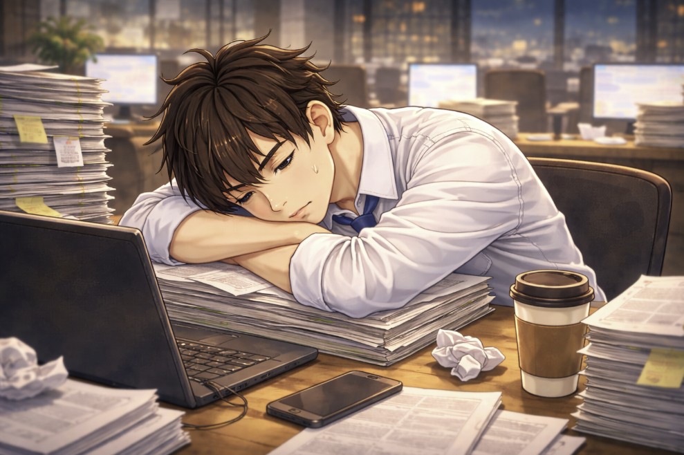 夕方のオフィスで、書類が積み重なった机に腕を重ねてぐったりと横になり、疲れた表情を浮かべている若い社員の様子を描いたアニメ風イラスト。