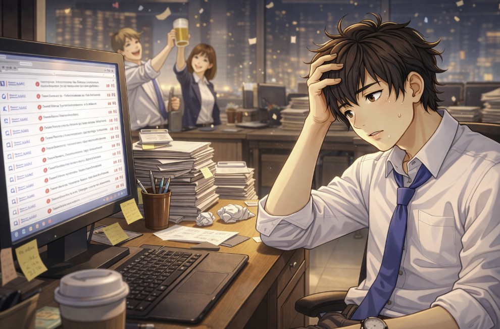 夜のオフィスで、机に積まれた書類とパソコンに向かいながら頭を抱えて疲れた表情を浮かべる若い社員の後ろで、他の社員が楽しそうに乾杯している対照的な様子を描いたアニメ風イラスト。