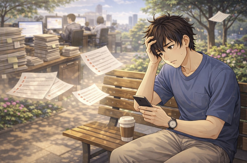 休日の公園のベンチに座った若い男性がスマートフォンを見ながら不安そうに頭を押さえ、周囲に仕事の書類やオフィスの情景が思い出のように浮かんでいるアニメ風イラスト。