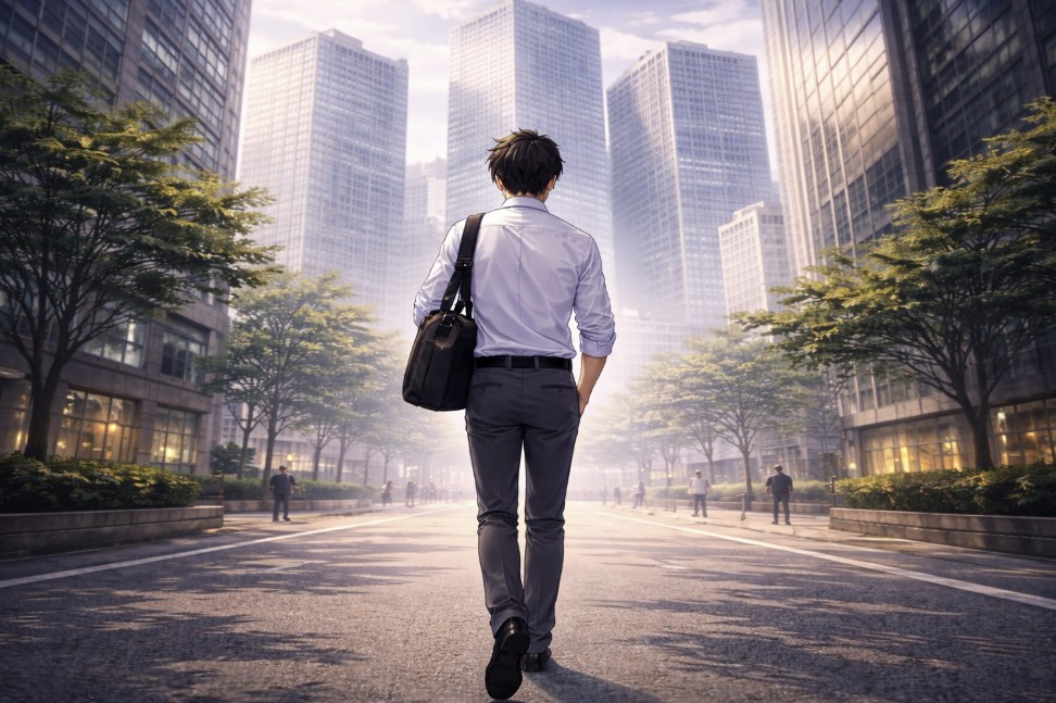 朝のオフィス街を、カバンを肩にかけた若い男性が少しうつむき気味に歩いている後ろ姿を全身で描き、高層ビルへ向かう足取りの重さを表現したアニメ風イラスト。