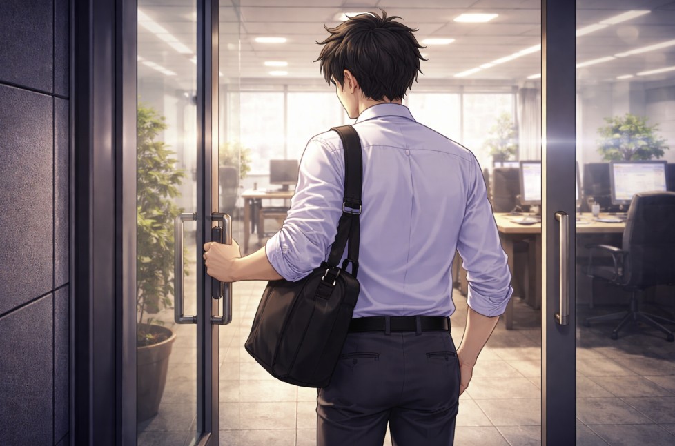 オフィスの入口でガラスのドアを開けようとする若い男性の後ろ姿を全身で描き、肩にカバンを掛けて少し緊張した様子で中へ入ろうとしている朝のアニメ風イラスト。