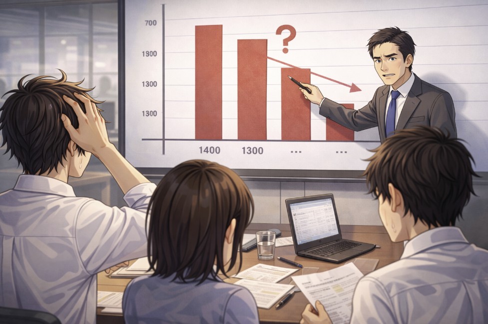 会議室で上司が下がったグラフを指し示しながら説明し、机を囲んで座る社員たちが緊張した様子で資料を見つめて話を聞いているアニメ風イラスト。