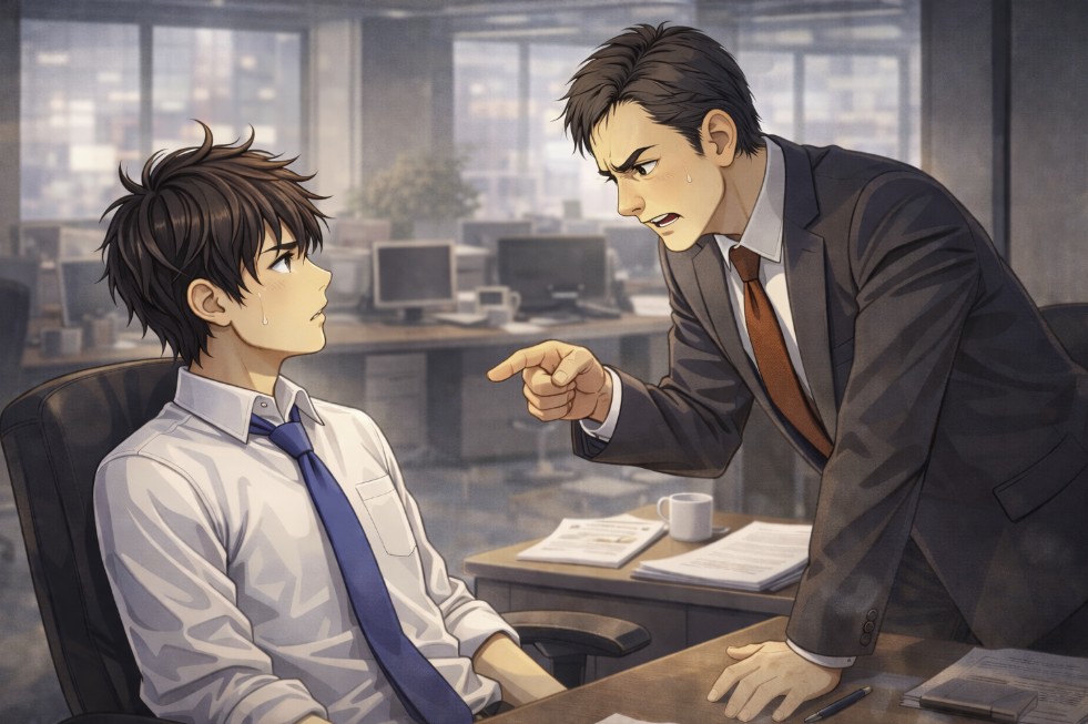 オフィスの机を挟んで、赤茶系のネクタイをした50代の上司が身を乗り出して厳しい表情で話し、椅子に座った若い社員が汗をにじませながら緊張した様子で聞いているアニメ風イラスト。