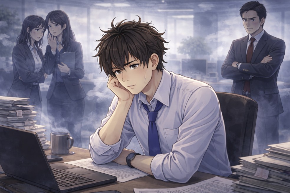 オフィスのデスクで頬に手をつき不安そうにうつむく若い社員の周囲に、冷たい空気を表すような白いもやが広がり、遠くでは同僚や上司が厳しい表情で立っている様子を描いたアニメ風イラスト。