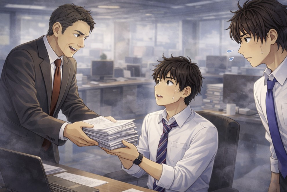 オフィスで上司が大量の書類を40代の短髪の先輩に手渡して仕事を依頼し、その様子を横で若い主人公が不安そうに見ているアニメ風イラスト。