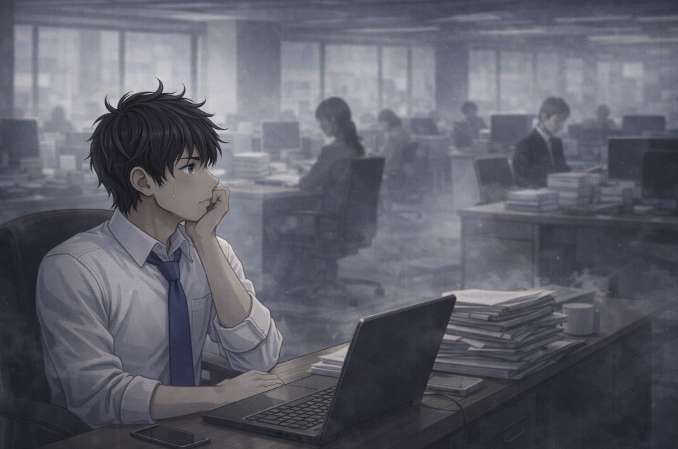 薄暗く静まり返ったオフィスで、デスクに座った若い社員が頬に手をつきながら無言でパソコンを見つめ、周囲の同僚たちも会話なく黙々と作業している様子を描いたアニメ風イラスト。