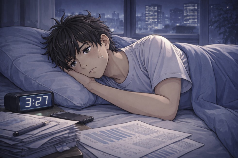 夜の部屋でベッドに横になりながら目を閉じきれずに起きている若い男性のそばに、仕事の資料やスマートフォンが置かれ、月末の不安で眠りが浅くなっている様子を描いたアニメ風イラスト。