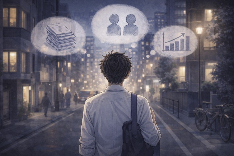 夕方の街を帰宅する若い男性の後ろ姿を全身で描き、頭上には仕事の書類や人間関係、成績グラフを思い浮かべるようなイメージが浮かび、帰り道でも仕事のことを考えている様子を表現したアニメ風イラスト。
