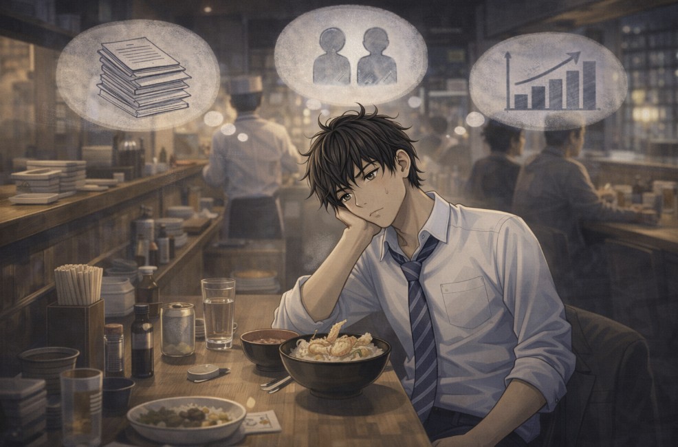 夜の飲食店のカウンター席で食事を前に、頬に手をついてぼんやりと考え込んでいる若い男性の周りに、仕事の書類や人間関係、成績グラフを思い浮かべるようなイメージが浮かび、心が休まっていない様子を描いたアニメ風イラスト。