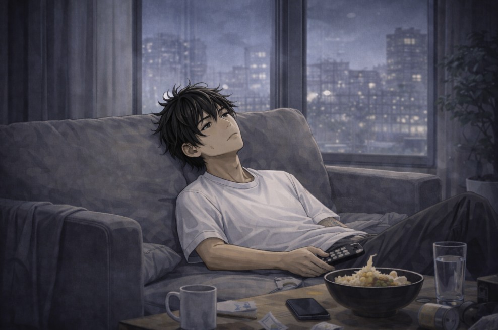 休日の夜、自宅のソファにもたれた若い男性が力が抜けたように座り込み、テレビのリモコンを手にぼんやりと天井を見上げている、疲れが抜けきらない様子を描いたアニメ風イラスト。