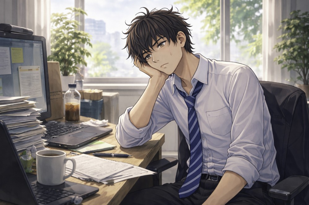 日中のオフィスで机に肘をつき、頬に手を当ててぼんやりと前を見つめる若い社員の姿と、パソコンや書類に囲まれながら理由のない疲れを感じている様子を描いたアニメ風イラスト。