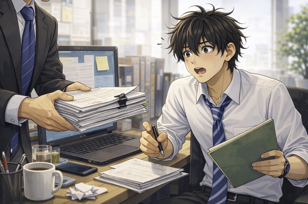 日中のオフィスで先輩から大量の書類を手渡され、驚いて目を見開きながらペンとファイルを持ったまま慌てた表情を見せる若い社員の様子を描いたアニメ風イラスト。