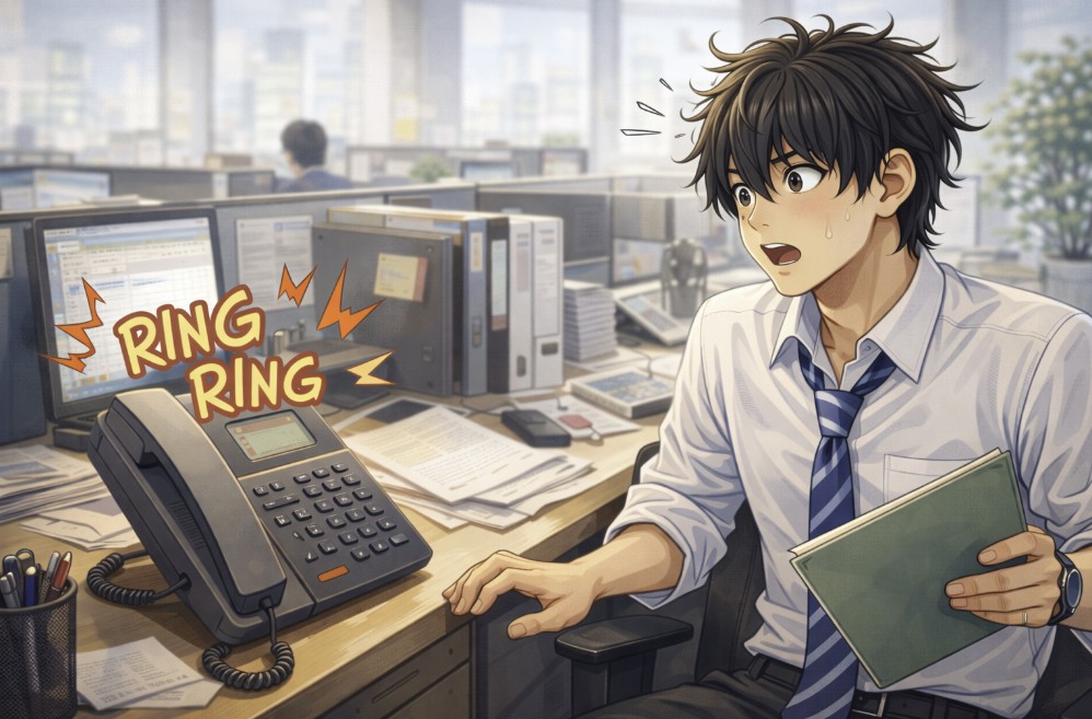 日中のオフィスでデスクの電話が鳴り、書類を持った若い社員が驚いた表情で身をこわばらせながら受話器の方を見つめている様子を描いたアニメ風イラスト。