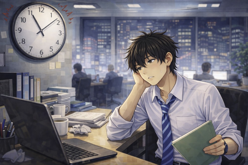 夜のオフィスで机に肘をつき、手で頬を支えながらぼんやりとパソコンを見つめている若い社員と、壁の時計が気になる様子を描いたアニメ風イラスト。