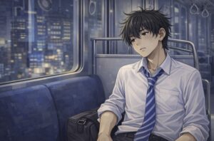 夜の電車の座席に座ったスーツ姿の若い男性が、窓の外の街明かりをぼんやりと見つめながら力が抜けたように放心している様子を描いたアニメ風イラスト。