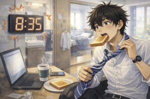 朝の部屋でネクタイを結びながら慌てて身支度をする若い男性が、トーストをくわえたまま急いで出かけようとしている様子を描いたアニメ風イラスト。